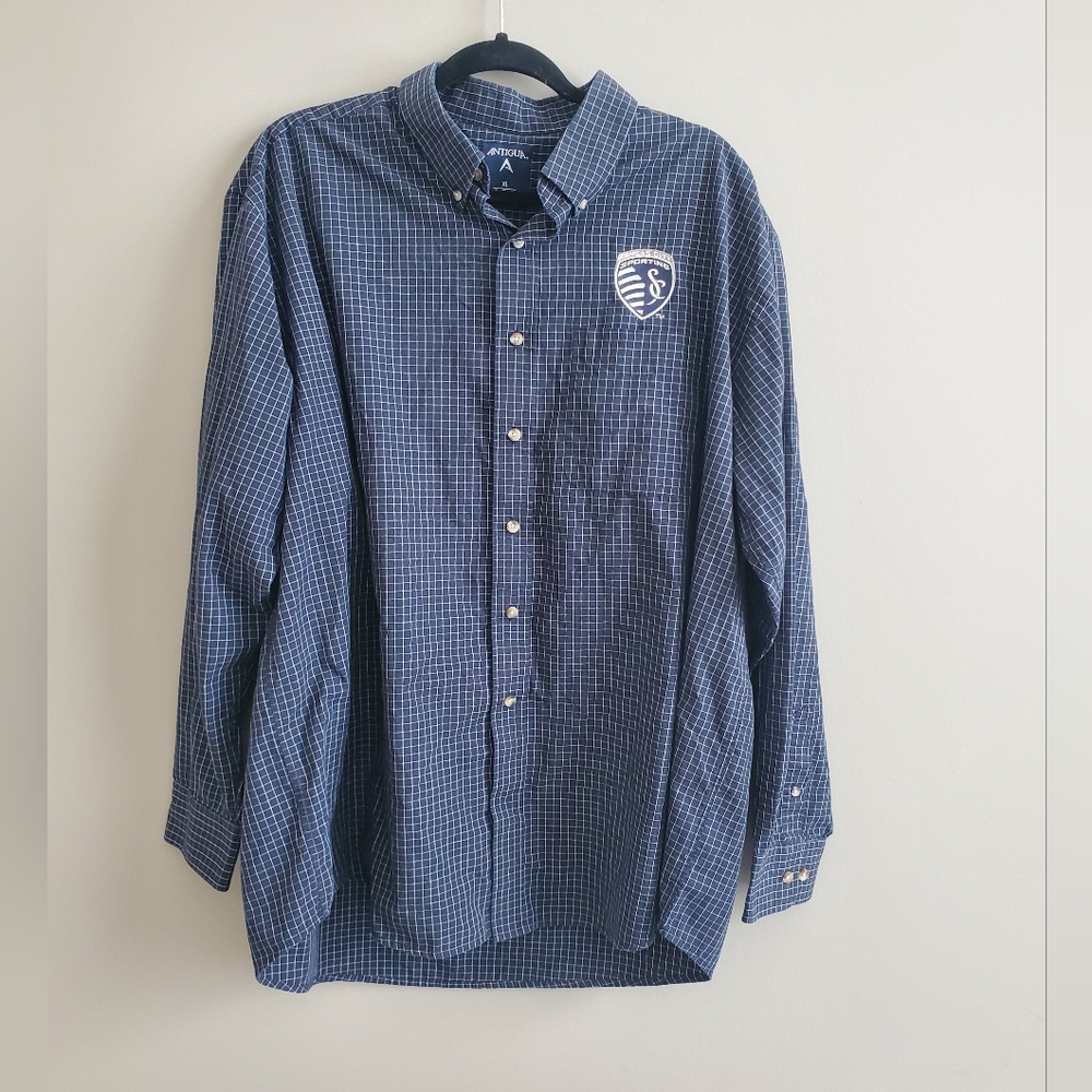 Antigua Men's Sporting KC Plaid Button Down Long Sleeve Shirt in Navy Size XL